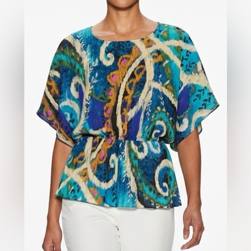 Serengeti Blue Abstract Paisley Dolman Sleeve Elastic Waist Blouse‎ Large